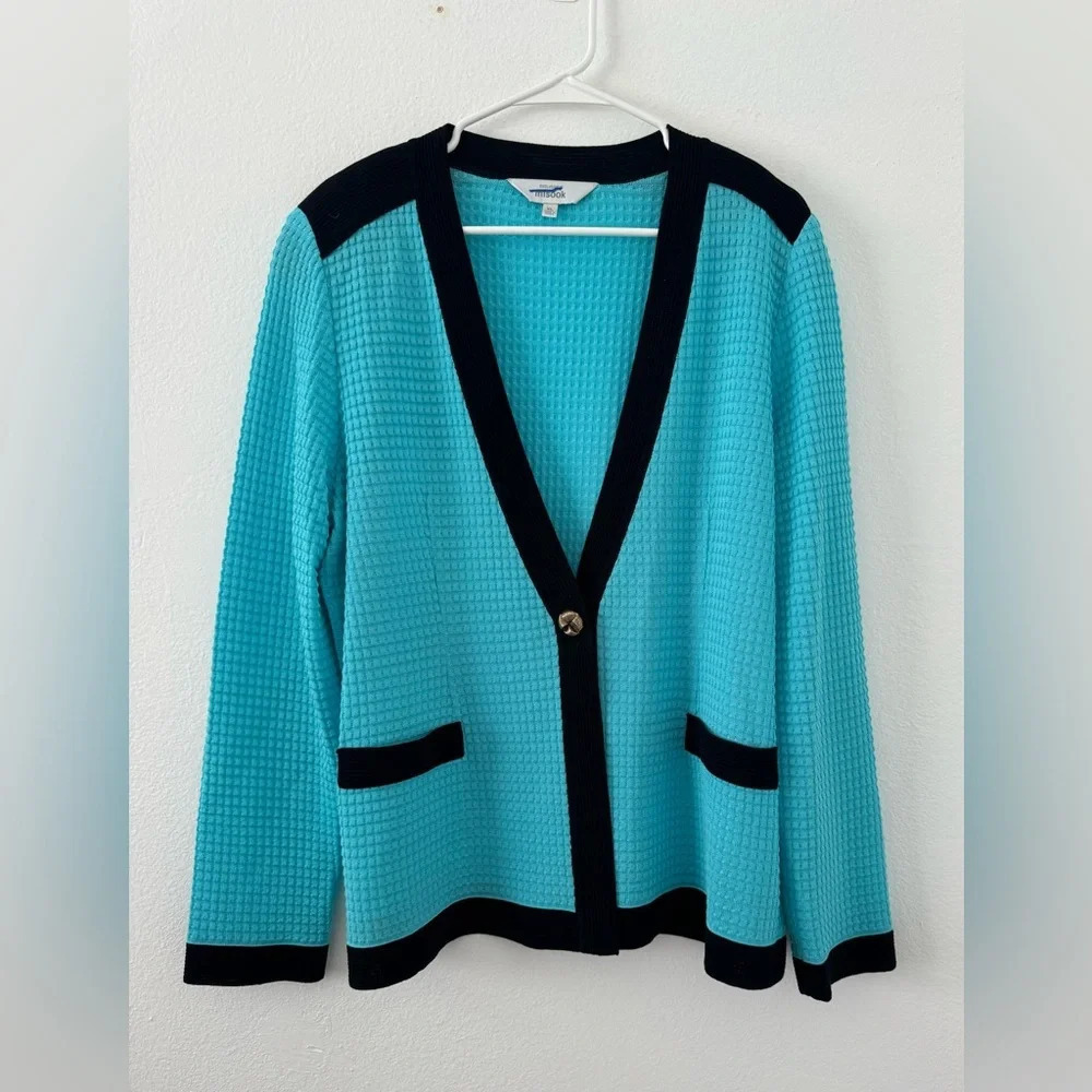 Exclusively Misook Turquoise Waffle Knit One Button Cardigan Black Trim XL  SPOT